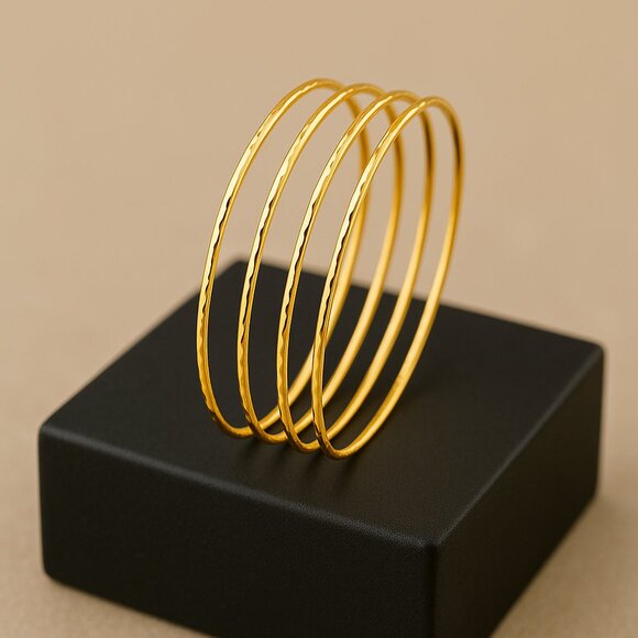 14k Gold Hammered Thin Skinny Bangle Bracelet – Solid Gold Texture, Minimalist - Picture 2 of 5